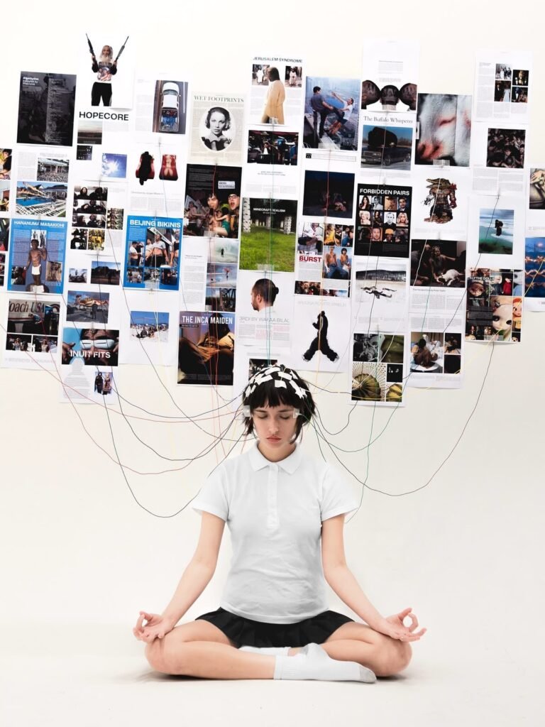 A person meditating beneath a wall of articles and images connected by wires, symbolisng content strategy, SEO planning, data analysis, and digital marketing insights.